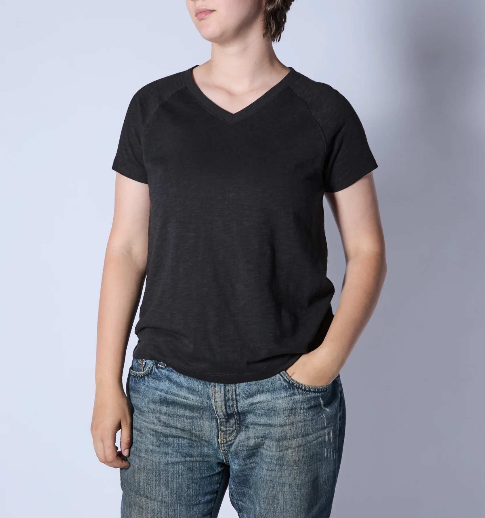 Short Sleeve Jersey Slub V Neck Tee - Black